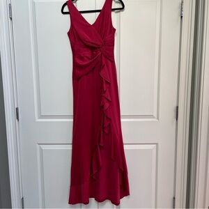 NWT Lsisi V Neck Ruffle Slit Sleeveless Maxi Burgundy Wrap Dress Evening Gown